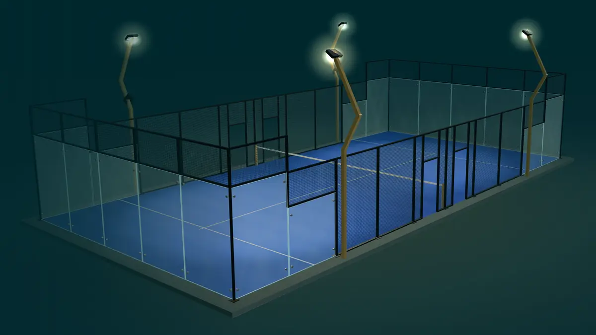 Cancha de pádel Lövell Panoramic 2 de noche con sus 8 lámparas LED encendidas