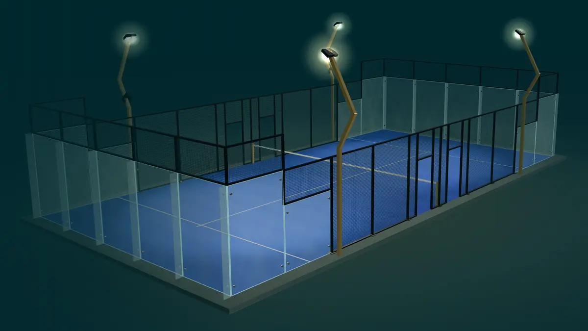 Cancha de pádel Lövell Semi Panoramic de noche con sus 8 lámparas LED encendidas